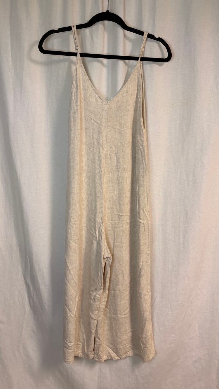 ShineStar Beige Linen Blend Wide Leg Jumpsuit Romper Size Medium Boho